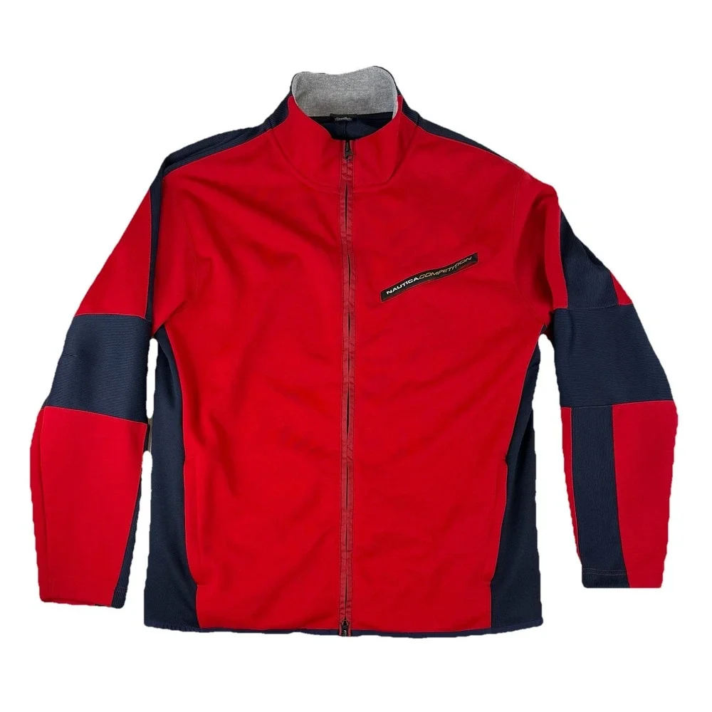 Nautica Competition Jacket Mens Large Red Blue Full Zip Track Sweater Bomber USA